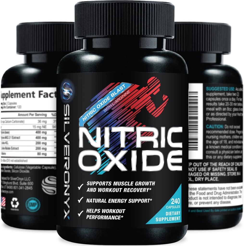 Extra Strength Nitric Oxide Supplement 3X Strength L Arginine, Citrulline Malate, AAKG, Beta Alanine - Premium Muscle Supporting Nitric Booster - Natural Energy & Heart Health Support - 240 Capsules