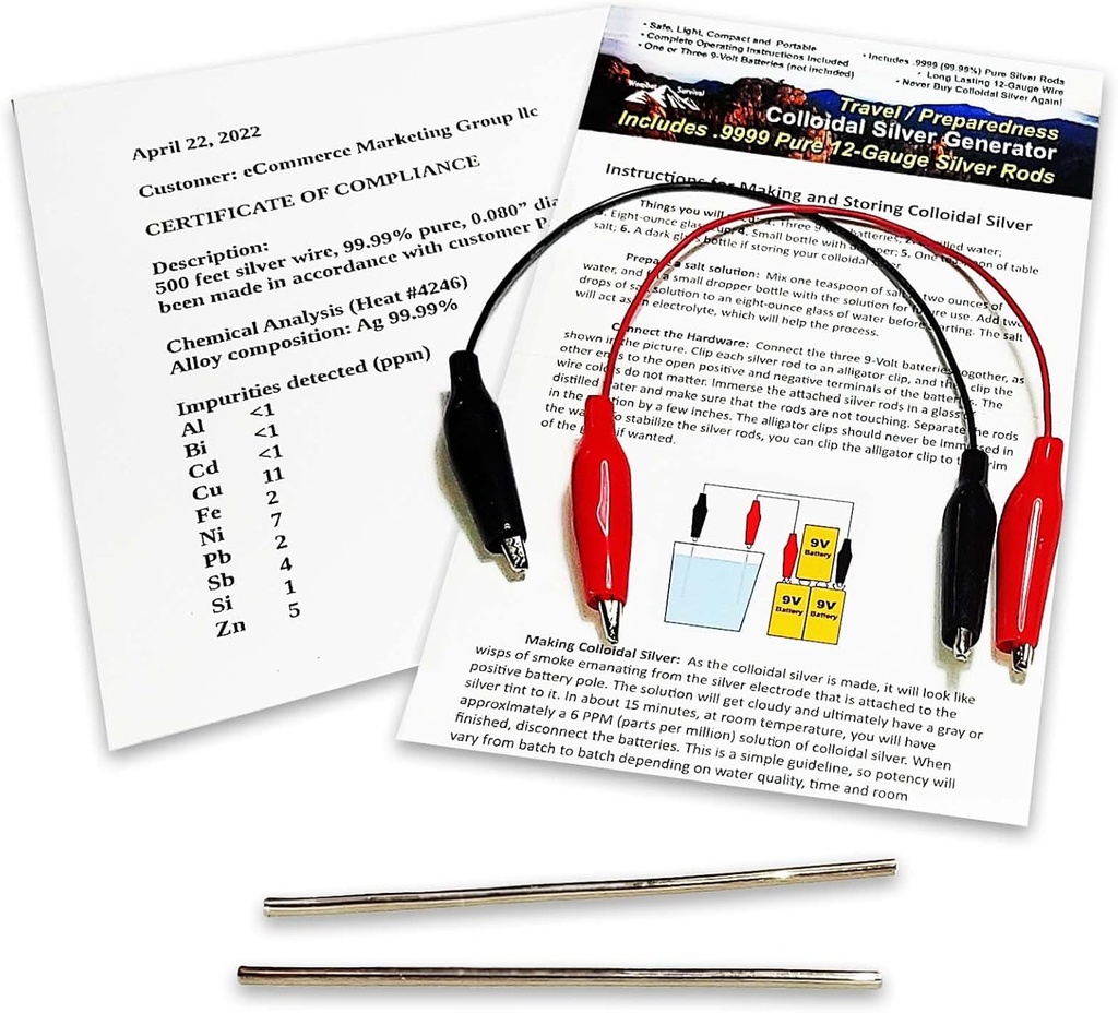 コロイドシルバージェネレータワイヤ99.99%純粋な12-Gauge(0.08 in./2.06 mm)セット(2) 4インチロッド+ミニ/トラベルジェネレータ - ワイヤー+完全な指示が含まれています