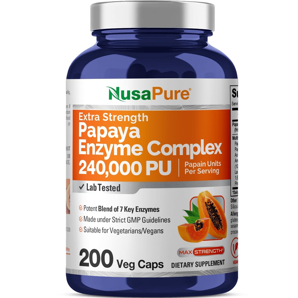NusaPure Papaya Papain酵素コンプレックス240,000 PU - 200 Veggieキャップ - 100%ベジタリアン、非GMO