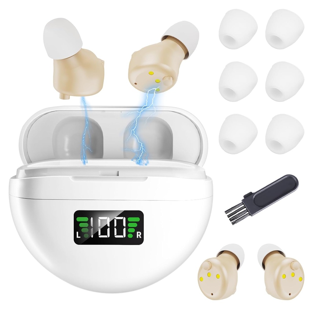 高齢者と大人のための補聴器 - ポータブル充電ケースとボタンボリュームコントロールで見えない補聴器をキャンセルノイズで充電式補聴器