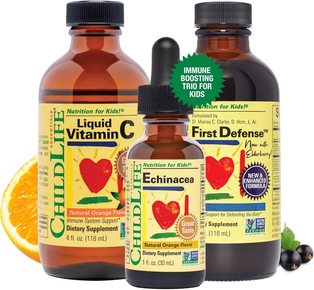 CHILDLIFE ESSENTIALS Immune Support 3-Pack - Liquid Vitamin C, First Defense, and Echinacea - Immune Boosting Supplements for Infants, Toddlers, and Kids