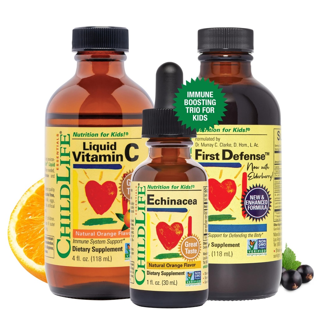CHILDLIFE ESSENTIALS免疫サポート3パック - 液体ビタミンC、ファーストディフェンス、Echinacea - 乳児、乳幼児の免疫ブーストサプリメント