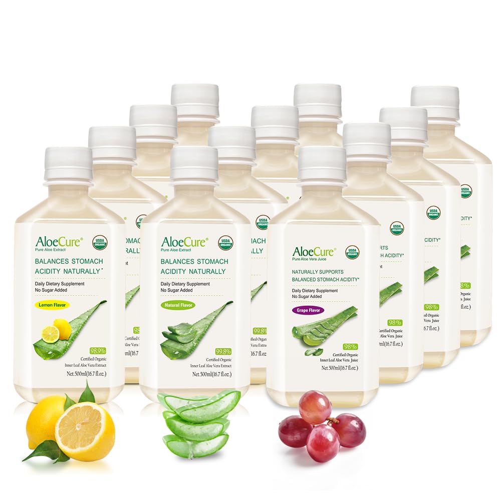 AloeCure有機アロエベラジュース - 12ボトルサンプルパック - グレープ、レモン、ナチュラルフレーバー、12x500ml