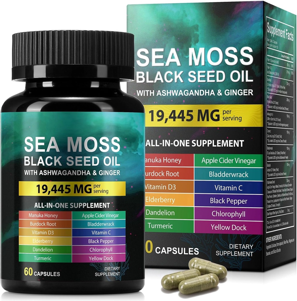 Sea Moss Black Seed Oil Ashwagandha Ginger, Sea Moss Capsule Supplement with Turmeric Burdock Root Bladderwrack Vitamin C Vitamin D3 Enhanced Immunity & Energy Black Seed Oil Capsule 60 Count