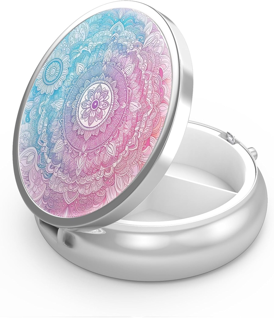 Pill Box 3 Compartment Small Pill Case,Portable for Pocket or Purse Pill Organizer Pill Container Holder to Hold Vitamins, Medication, Fish Oil and Supplements(Mandala Bright)