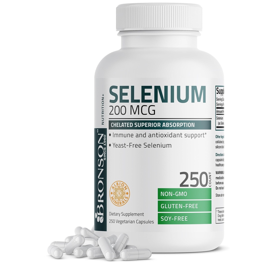 Bronson Selenium 200 mcg - イーストフリーチェレートアミノ酸コンプレックス - 優れた吸収、250ベジタリアンカプセルとエッセンシャルトレースミネラル