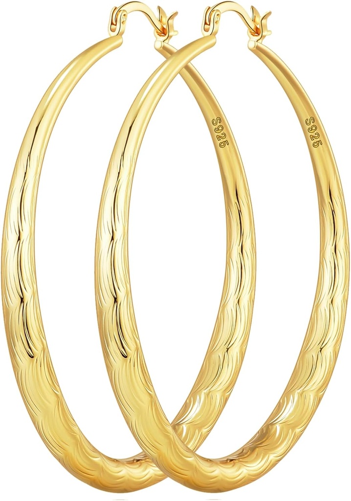 OOOPEL 925の女性の金のフープのイヤリングのHypoallergenicのダイヤモンド カットのRipplesのための純銀製のフープ-非ターニッシュの大きいフープのイヤリング(30/40/50/60/70mm)