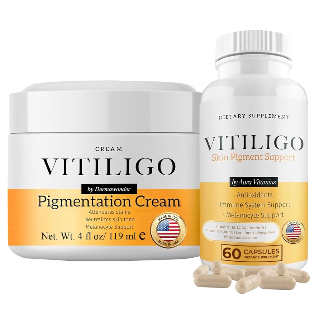 Dermawonder Vitiligoの補足及び色素形成のクリーム セット | 60 Vitiligoのカプセルおよび4fl Ozのクリーム | 白い点を減らして下さい、皮の彩色及び皮の調子を改良して下さい | 自然な解決 (1)