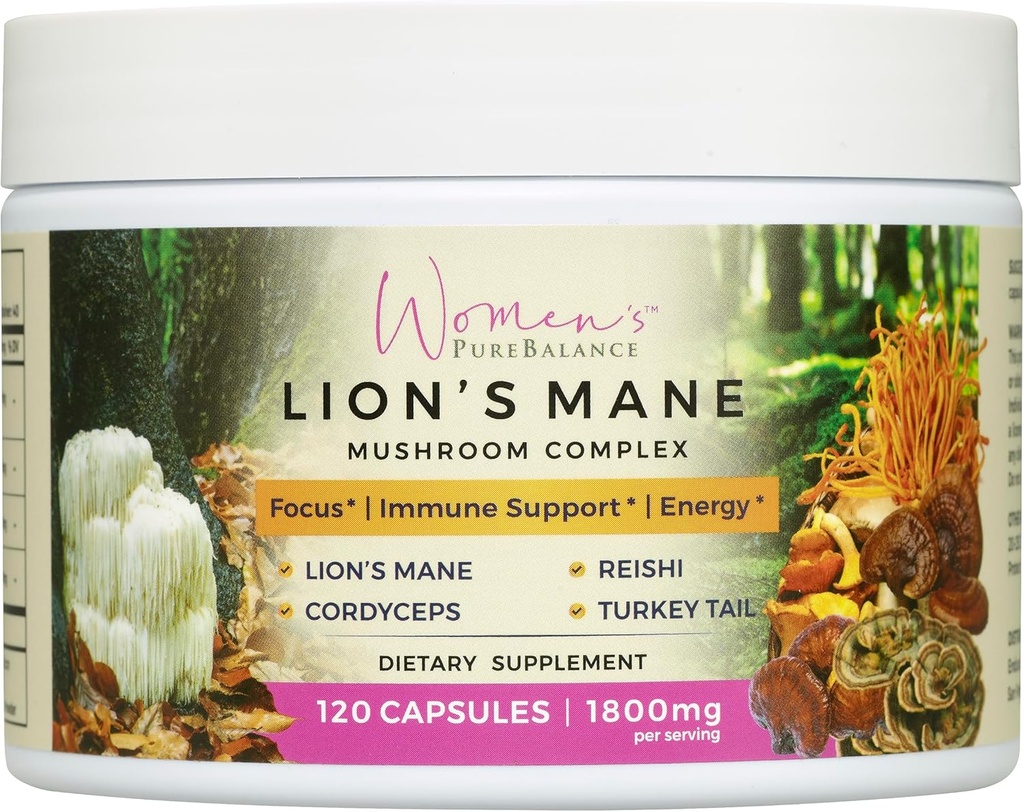 女性のPureBalance Lionのマネのマッシュルームのカプセルは、Reishi、Cordyceps、トルコテール-記憶、焦点、自然エネルギー、および免疫サポート、非GMO(120カプセル)