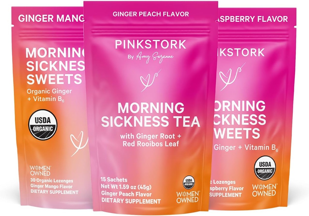 Pink Stork Morning Sickness Relief Kit – 3-Piece Bundle with Organic Ginger Peach Tea, B6 Sweets, Ginger Lozenges – Pregnancy Support, First Trimester Essentials, Gift for Pregnant Women