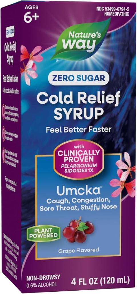 Nature's Way 冷たい救済ゼロ砂糖シロップ、Umcka、Homeopathic、Shortens Colds、Sore Throat、Cough、Congestion、Stuffy Nose、Phenylephrine Free、Grape Flavored、4 Fl Oz(パッケージ5月Vary)