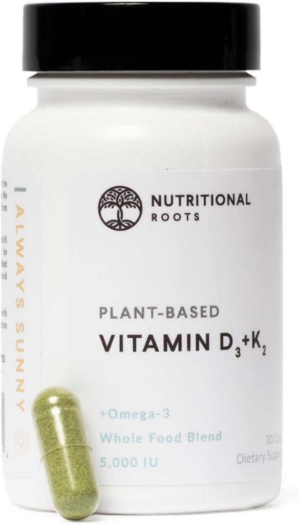 栄養の根 - ビタミンD3&K2-5,000 iu - 1億CFU Probiotics - Algal Omega 3 DHA - 免疫サポート - 栄養補助食品 - ビーガンフォーミュラ - 1ヶ月の供給 - 30カプセル