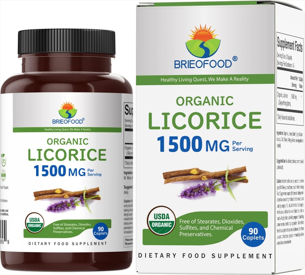 Brieofood Organic Licorice 1500mg、45 サービング、ベジタリアン、グルテンフリー、90 ベジタリアン タブレット