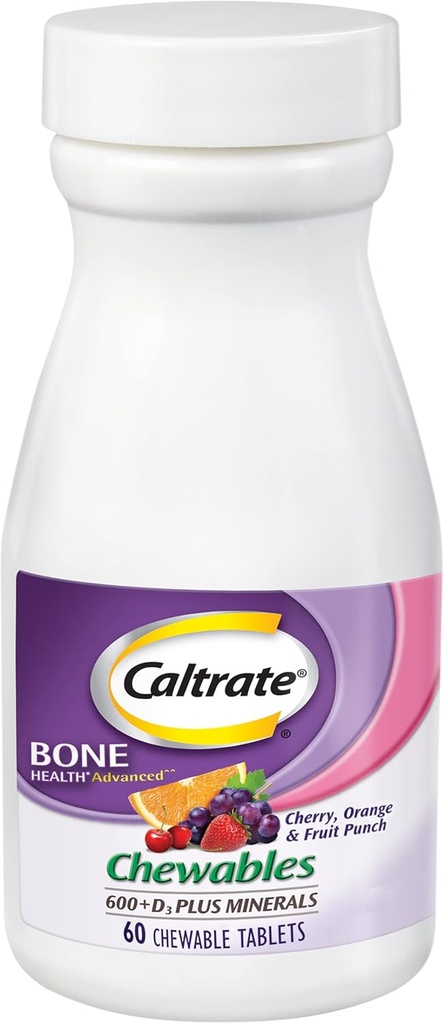 Caltrate Chewables 600 Plus D3 PlusミネラルカルシウムビタミンDサプリメント、チェリー、オレンジ、フルーツパンチ - 60カウント
