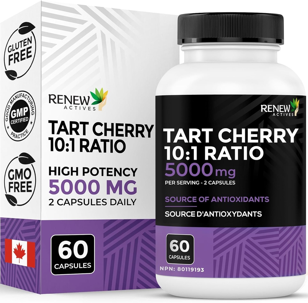Renew Actives Tart Cherry Extra 500mg per 2 Capsules – High-Potency Antioxidant for Free Radical Protection & Wellness – 60 Easy-to-Swallow Capsules – Made in Canada