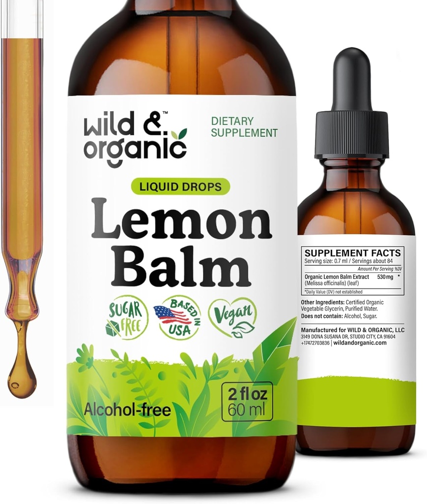 Wild & Organic Lemon Balm Drops - Relaxing Lemon Balm Leaf Extract Supplement - Calming Melissa Officinalis Tincture - Vegan, Sugar & Alcohol-Free - 2 fl oz
