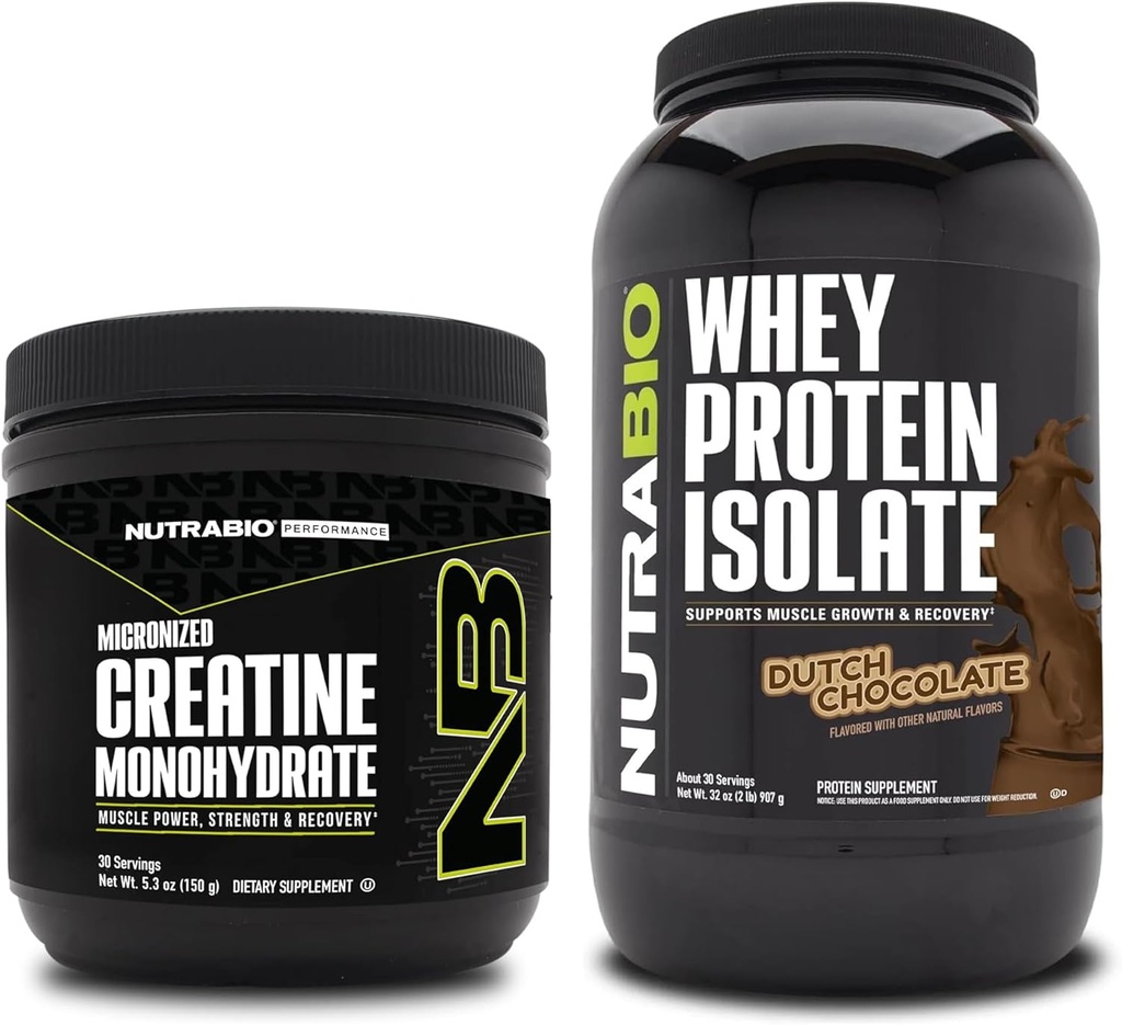 NutraBioクレアチンモノハイドレート、アンフレーバー、150gとウィープロテインアイソレート、オランダチョコレート、サプリメントバンドル - 筋肉エネルギー、リーン筋肉の成長、回復、および強度