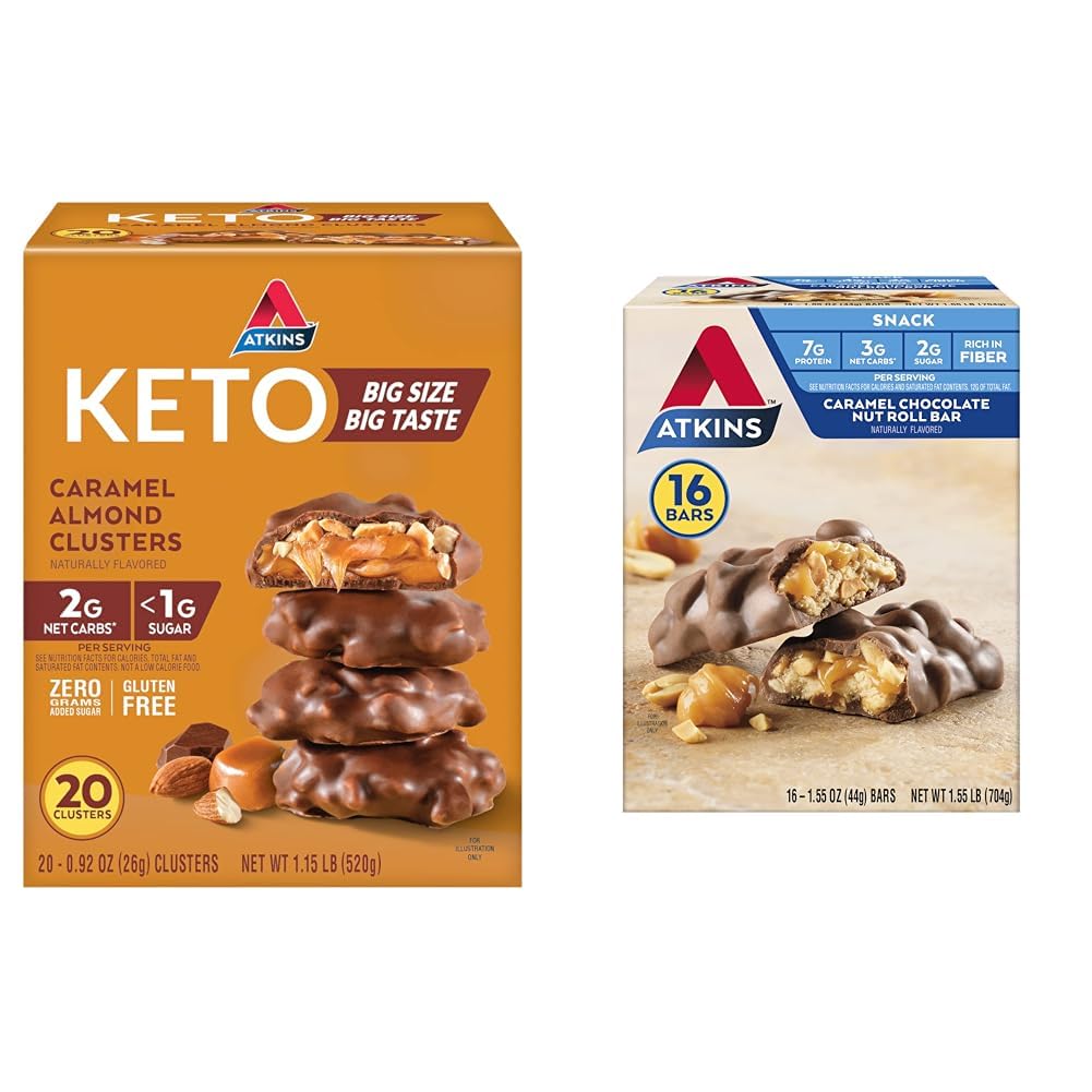 AtkinsのCaramelのアーモンドのクラスター、Glutenは繊維、1gの砂糖、2g純炭水化物、Ketoの友好的、20の計算及びキャラメル チョコレート ナット ロール スナック バー、蛋白質の軽食、繊維で高い、2g砂糖、16の計算で