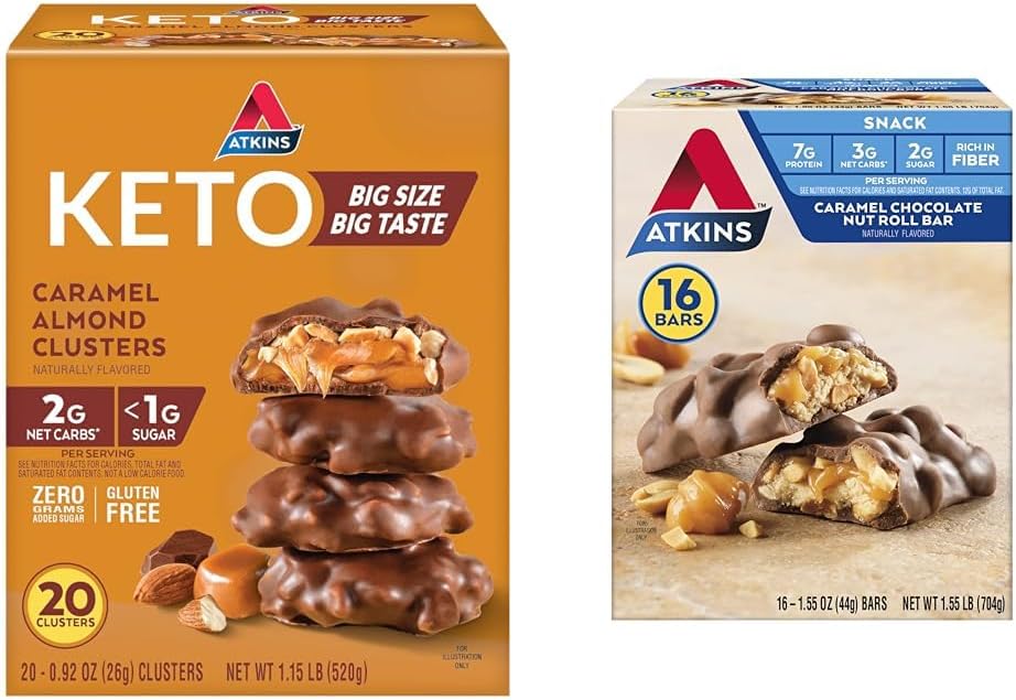 AtkinsのCaramelのアーモンドのクラスター、Glutenは繊維、1gの砂糖、2g純炭水化物、Ketoの友好的、20の計算及びキャラメル チョコレート ナット ロール スナック バー、蛋白質の軽食、繊維で高い、2g砂糖、16の計算で