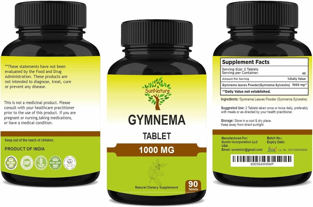 Gymnema Tablets 90 Tablets, 1000 mg | 45 Days Supply | Gurmar | Gymnema Sylvestre Supplements | Vegan