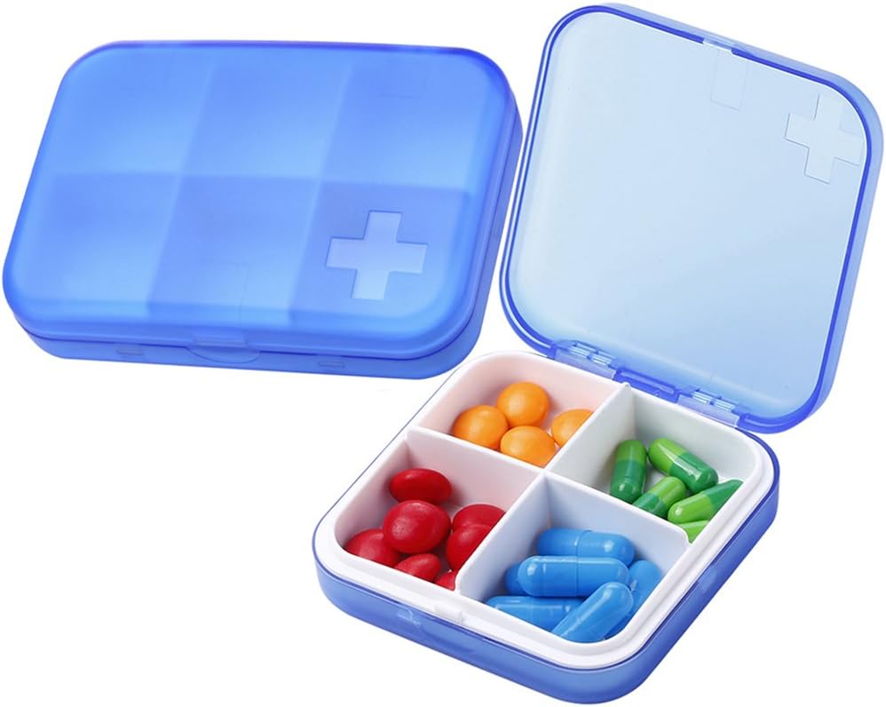 ポータブルピルオーガナイザー - 財布や旅行のためのスリムピルボックス、コンパクトなピルケース(4 + 6コンパートメント、ブルー)