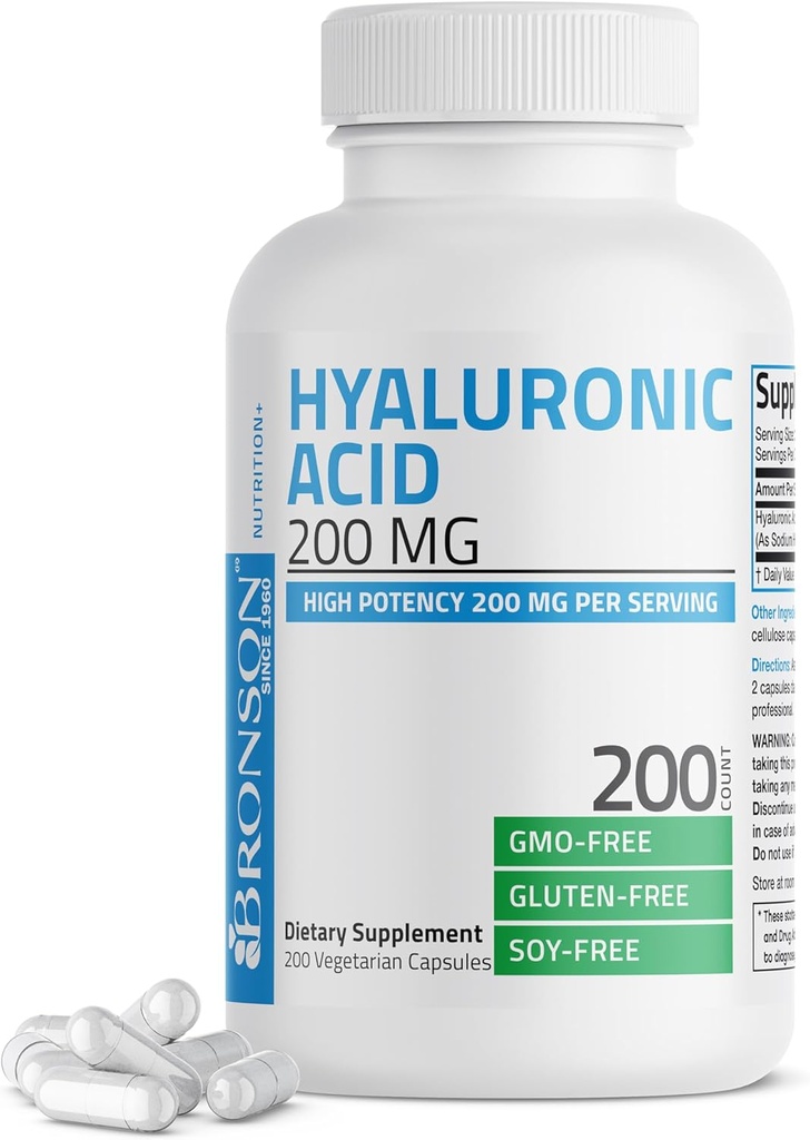 Bronson Hyaluronic酸200 MGの高い効力の接合箇所の健康及び健康な皮サポート、非GMO、200のベジタリアンのカプセル