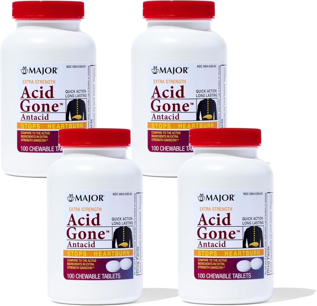 Major Acid Gone Extra Strength Antacid Chewable Tablets - Anti-Acid Relief - Acid Reflux Medicine for Adults - Upset Stomach, Acid Indigestion, and Heartburn Relief - Long-Lasting - 100-Count (4 Pack)