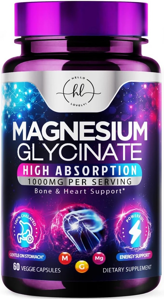 マグネシウムのGlycinate 1000mg - 骨、筋肉、Nerves & 心の健康 - 自然な睡眠 & ストレスサポート女性&男性 - ビーガン、グルテンフリー、非GMO - 60カプセル