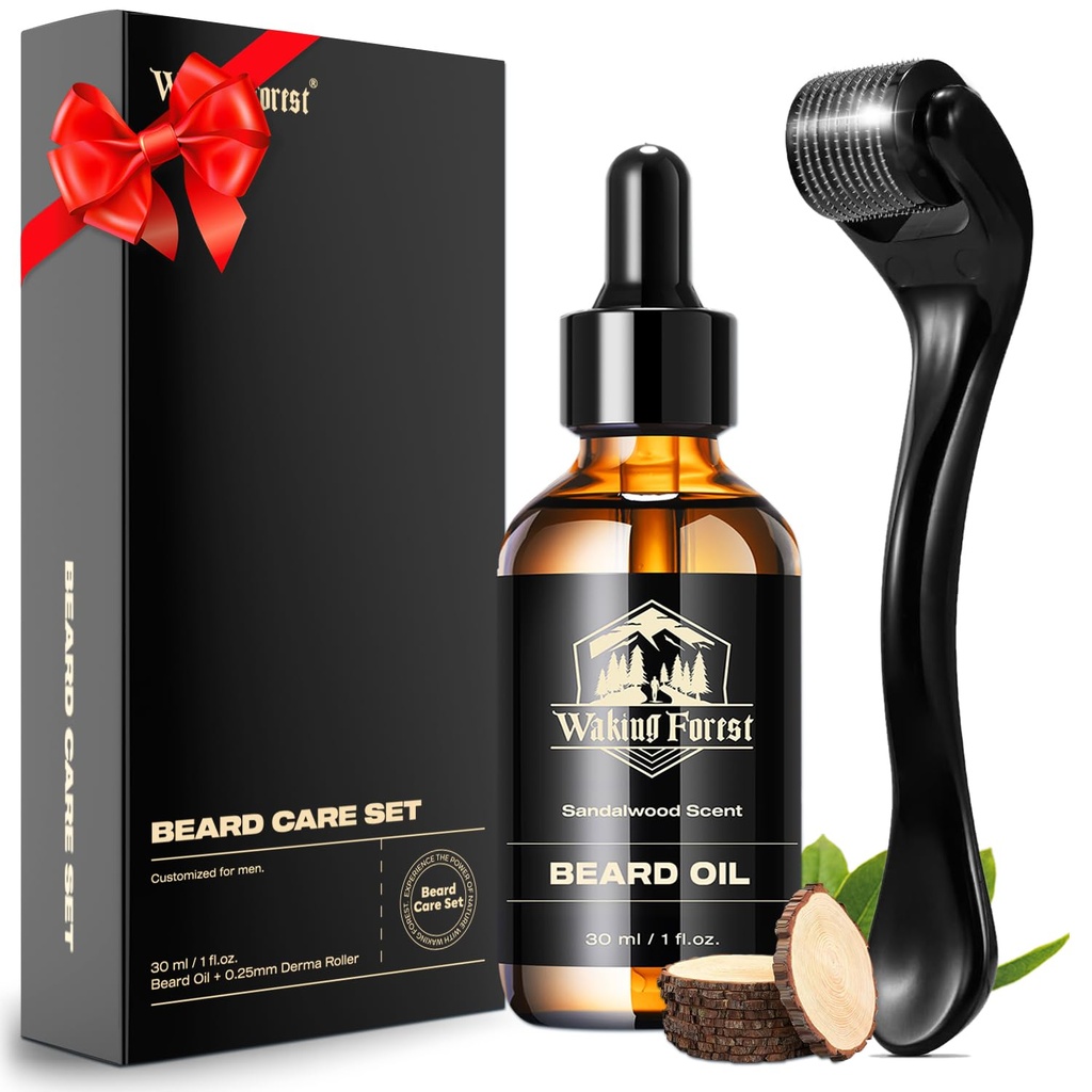 Waking Forest Derma ローラー 0.25mm & Beard Oil(1oz), Sandalwood Beard Kit, Microneedle Beard Roller with 540 チタン, ナチュラル モイスチャライズ with ビタミン E ベアードオイル 男性用, お父さん ボーイフレンド お父さん