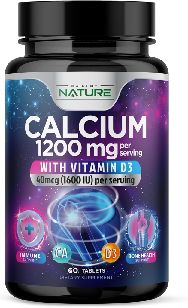 最高の吸収のためのビタミンD3が付いているカルシウム1200mg - 高度の骨サポート補足、1200のmg Calciumの炭酸塩及び1600 IUのビタミンD3の免疫サポートのための遅い解放、Swallowへの容易な60のタブレット