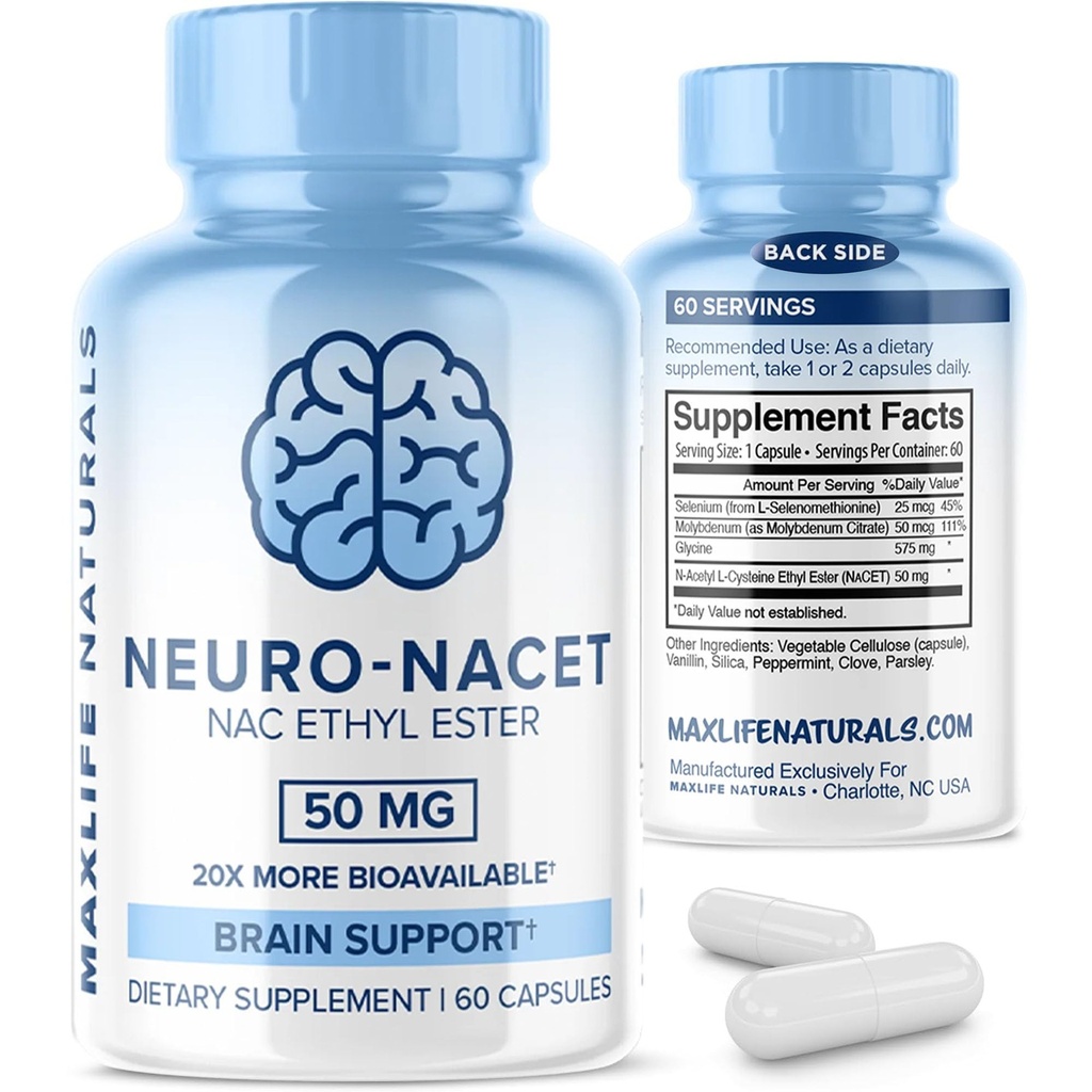MaxLife Naturals Neuro NACET N-Acetyl L-Cysteine - 60カプセル、20倍のBioavailable Glycine NACサプリメントN-Acetyl Cysteine Ethyl EsterとSelenium、Brain&Lungサポートのための10xグルタチオンブースト