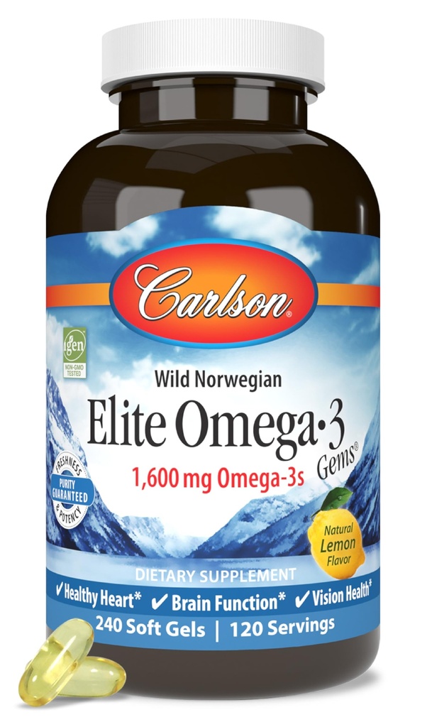 Carlson Elite Omega-3 Gems、1600 mg Omega-3 with EPA&DHA、レモンフレーバー、240 Softgels - ワイルドキャッチ ノルウェーの魚油、持続的に供給