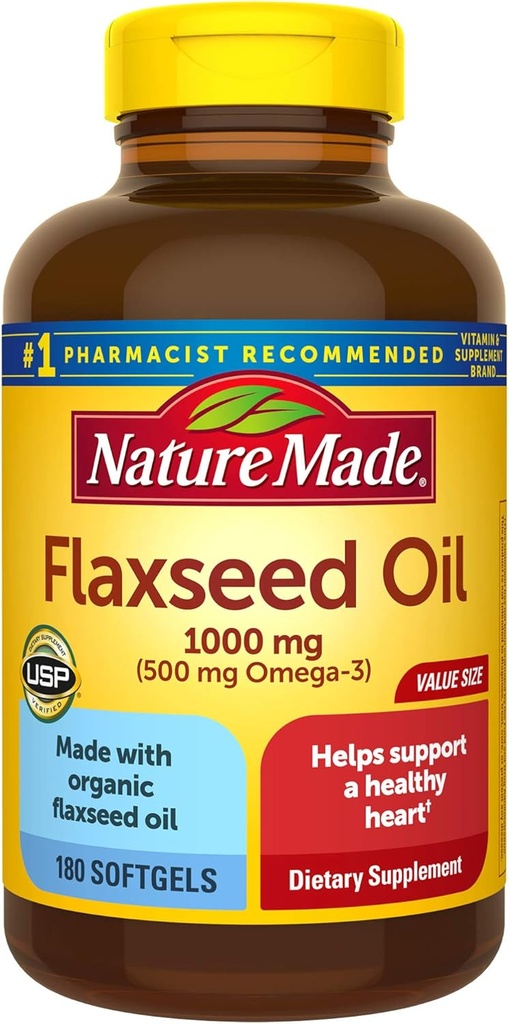 Flaxseed Oil 1000 mg Softgels, 180 Count for Heart Health