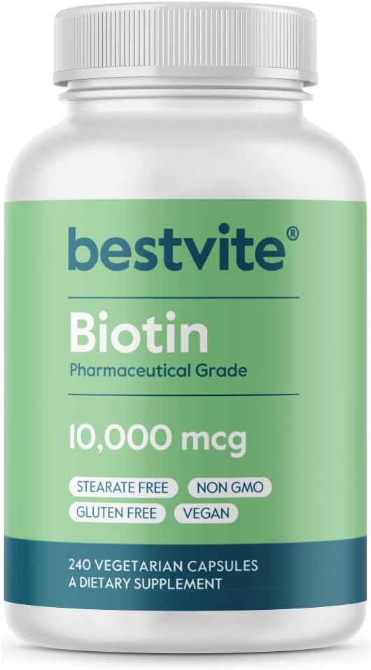BESTVITE ビオチン10,000mcg(240 ベジタリアンカプセル) - ない Stearates - いいえ ジカルチウム リン酸塩なし - 人工甘味料なし - 味なし - フローエージェントなし - ビーガン - 非GMO - グルテンフリー