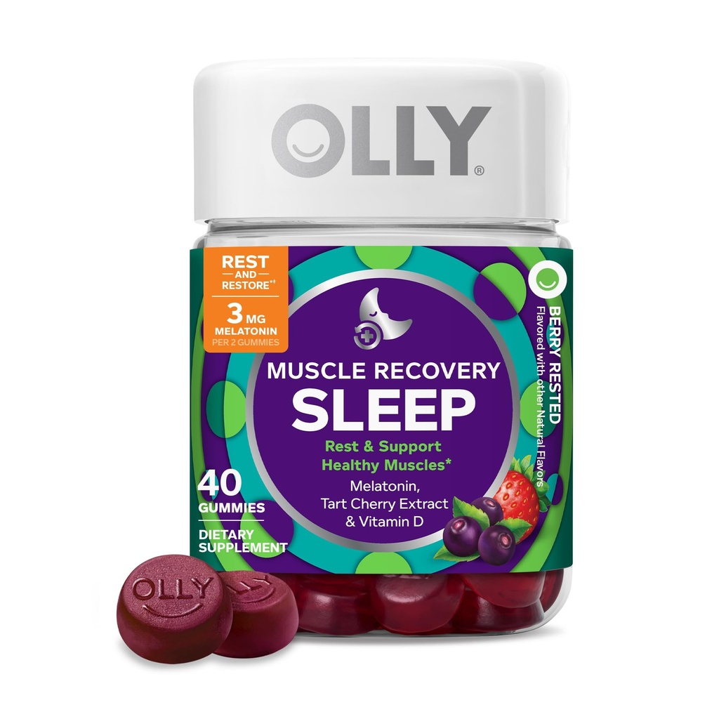 OLLY筋肉回復睡眠のガミー、睡眠および痛みの筋肉サポート、3mgメラトニン、タルトチェリー、ビタミンD、ベリー味 - 40カウント