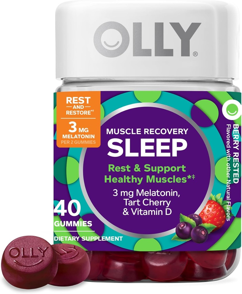 OLLY筋肉回復睡眠のガミー、睡眠および痛みの筋肉サポート、3mgメラトニン、タルトチェリー、ビタミンD、ベリー味 - 40カウント