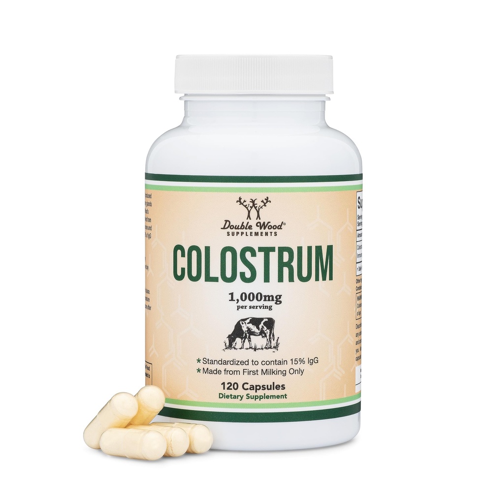 Colostrumサプリメント120カプセル、給餌ごとに1,000mg(最初の搾乳のみのBovine Colostrumパウダー、Std。 15% IgG免疫グロブリンを含む)充填剤、ダブルウッドでテストされたサードパーティ