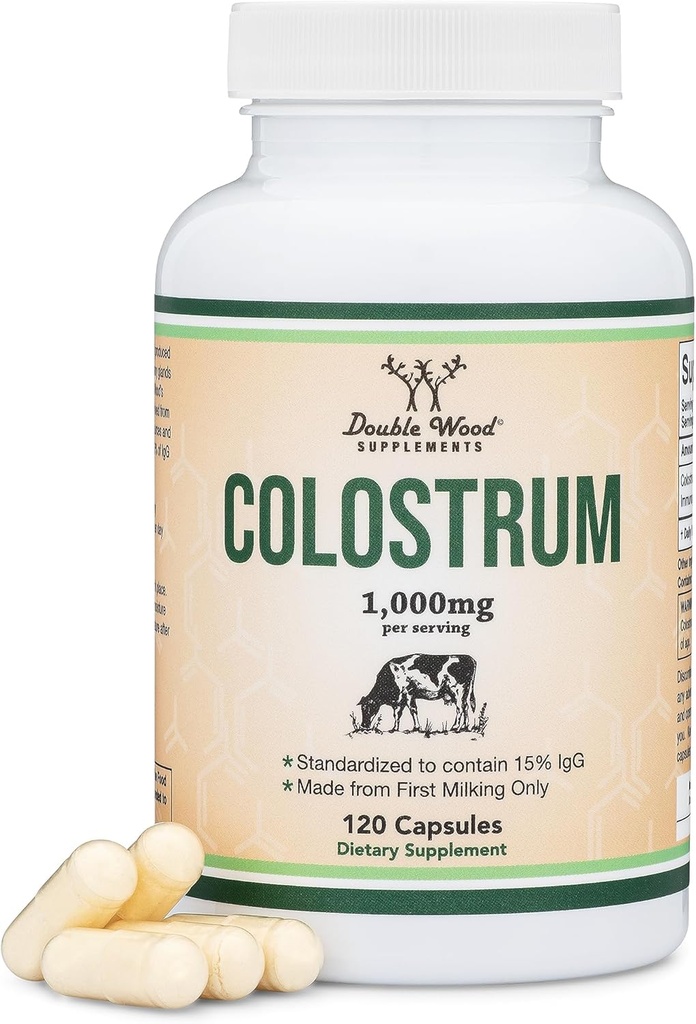 Colostrumサプリメント120カプセル、給餌ごとに1,000mg(最初の搾乳のみのBovine Colostrumパウダー、Std。 15% IgG免疫グロブリンを含む)充填剤、ダブルウッドでテストされたサードパーティ
