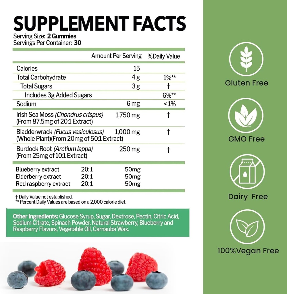 海苔 ブラッドダーラックとブルドックルートでグミー | ワイルドクラフトアイリッシュ海苔 免疫、甲状腺サポート | 100% ビーガン栄養補助食品 | 非GMO、グルテンフリー、酪農 | 60 ガミー