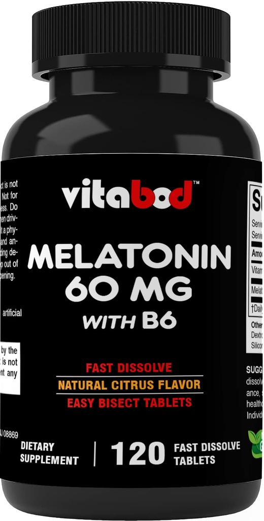 ビタミンB6とメラトニン60mg - 120高速解体タブレットエクストラ強度睡眠サポート - 薬物のない - 自然シトラス味 - ベジタリアン、非GMO、グルテンフリー