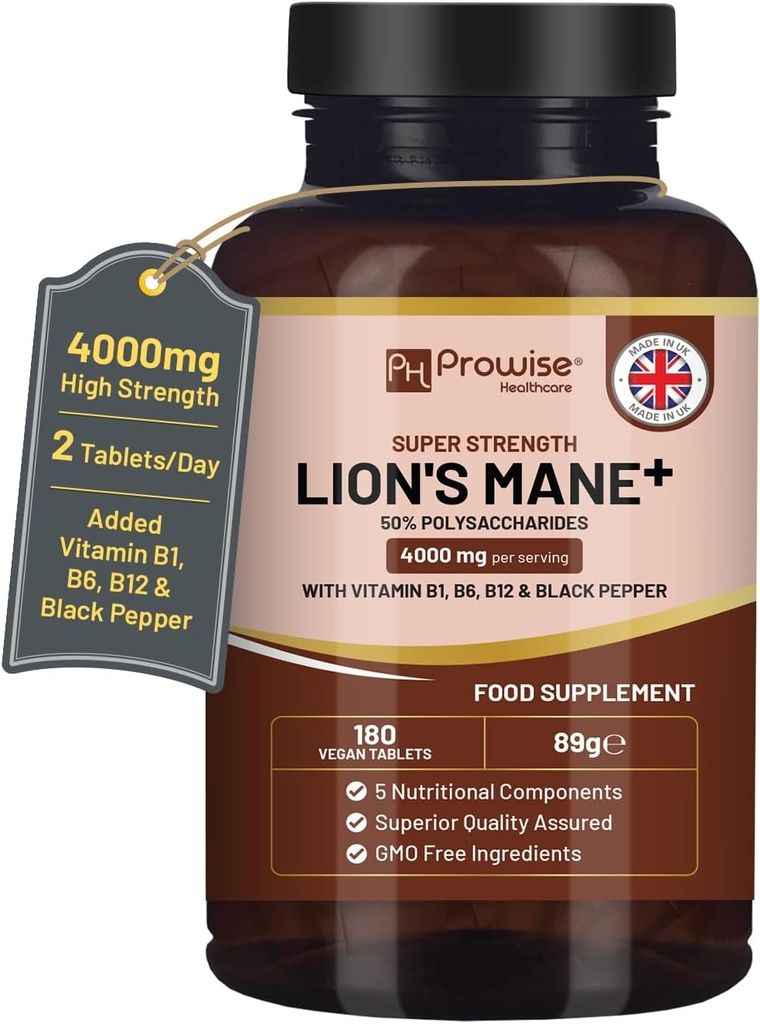 ビタミンB1、B6、B12&ブラックペッパー付きライオンズマネッシュルームマッシュルームサプリメント4000mg - 180超強度ビーガン錠50%多糖類(粉末やカプセルではありません)  英国で独自に作られた
