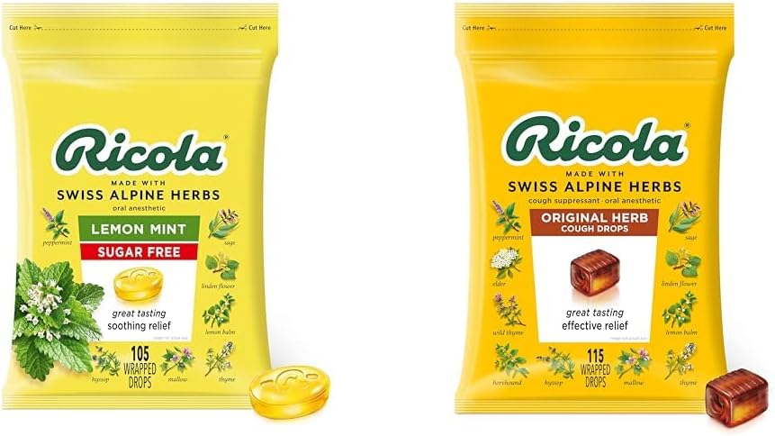 Ricolaの砂糖の自由なレモン ミントの草の咳の抑制剤の喉の低下、105ct袋及び元の自然なハーブの咳の低下、115の計算、咳の抑制剤及び喉の緩和の低下