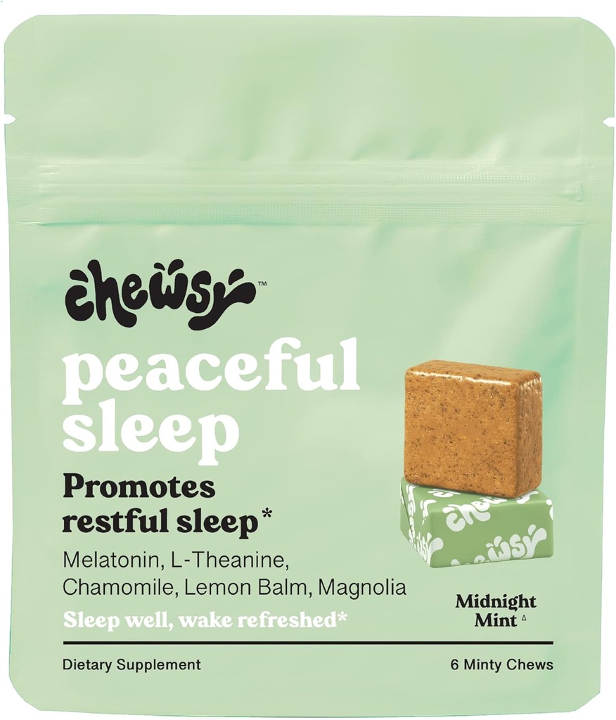 Chewsy平和な睡眠咀嚼、睡眠サポート、3mgメラトニン、200 MGS L-テアニン、カモミール、レモンバーム、マグノリア、夜間睡眠援助、自然にミント咀嚼、残りの睡眠を促進します、6日の供給(1)