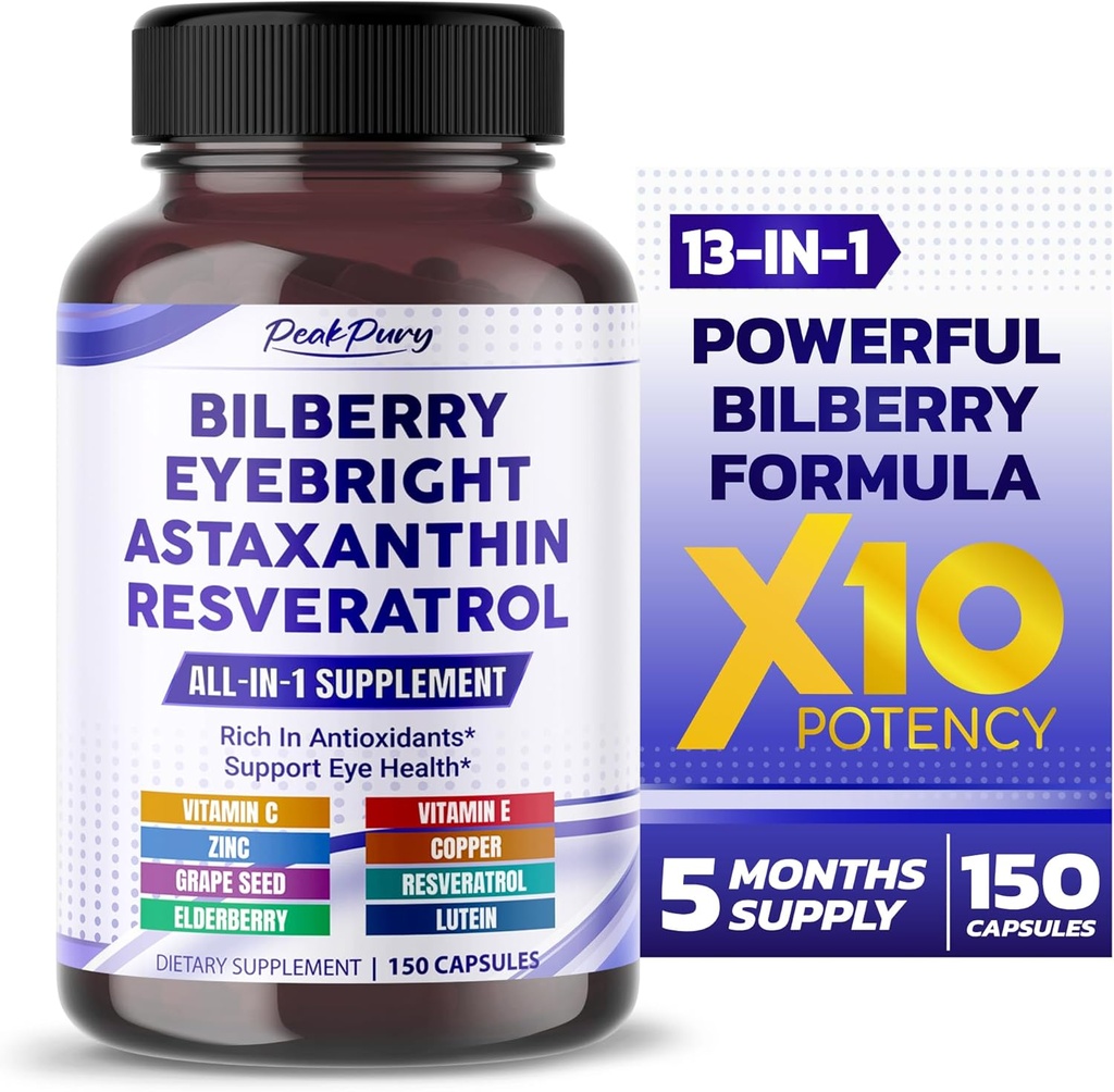 All-in-1 Bilberry Eyebright Astaxanthin Elderberry Resveratrol Supplement - Rich in Antioxidants & Supports Eye Health - Made in The USA -150 Capsules