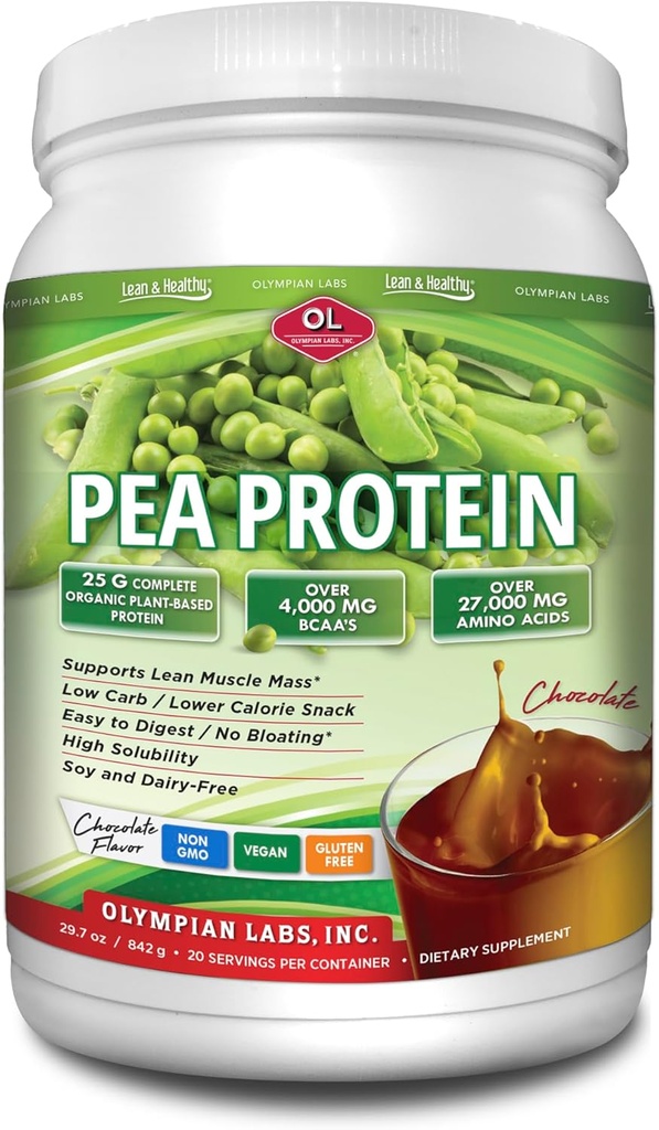 Olympian Labs Plant Based Pea Protein Powder, Chocolate - 25g of Protein, Vegan, Low Net Carbs, Gluten Free, Lactose Free, No Sugar Added, Soy Free, Non-GMO, 2 Pound Pea Protein
