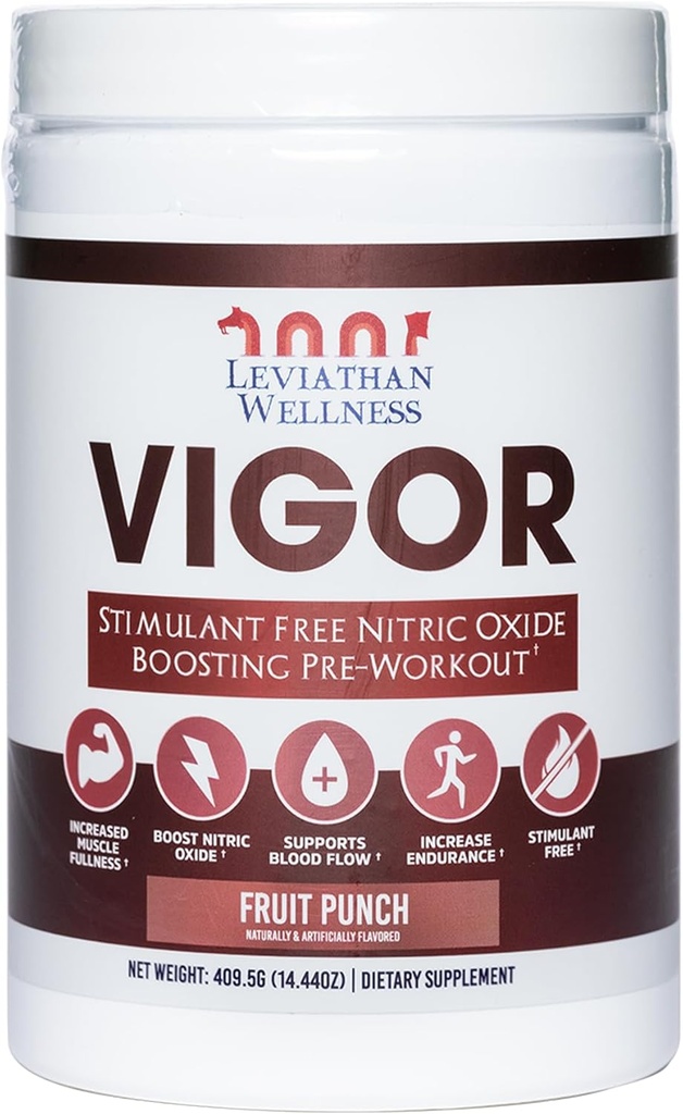 Vigor - 興奮剤フリーニトリ酸化物プレワークアウトパウダー | L-Citrulline(5000mg)、リンゴ酸(2000mg)、グリセルポンプ(1500mg)| フルーツパンチ| 30 サービング、13.86g 各|米国製
