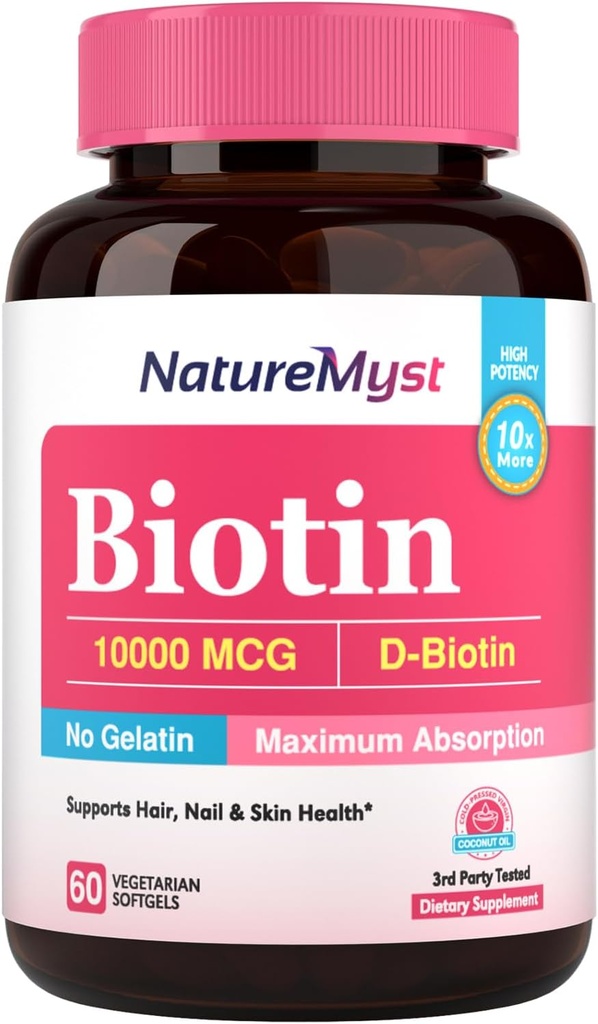ビオチン 10000 mcg、高い効力、生物的活動的、最高の吸収のための冷間出版物のココナッツ オイル、ゼラチン、毛、釘、皮、60の菜食主義者のSoftgels無し