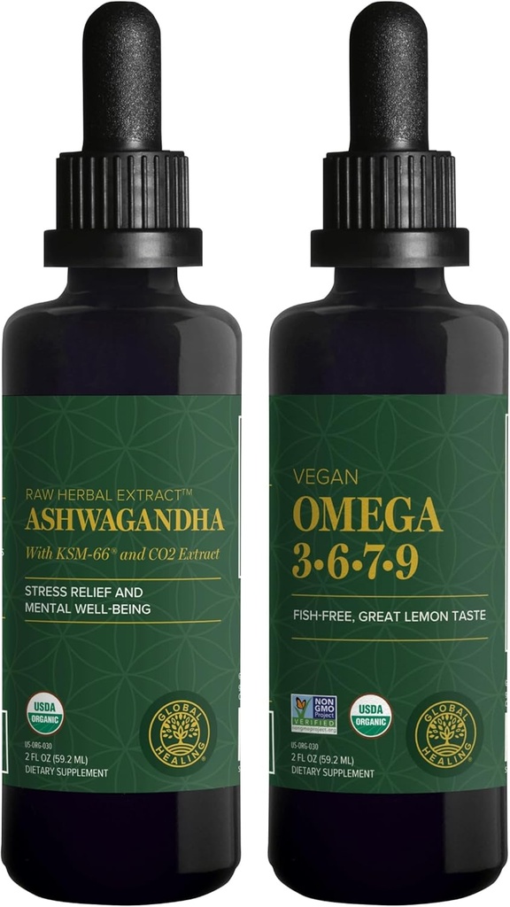 グローバルヒーリングセンター Ashwagandha & Omega 3 6 7 9キット - Nervousness、脳の健康、心の健康、眼の健康に役立ちます