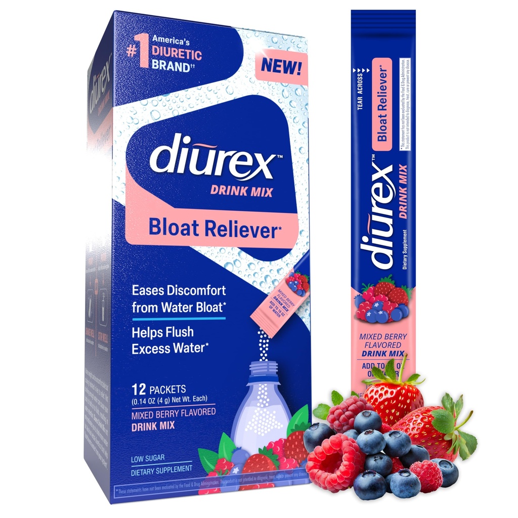 Diurex ドリンク ミックス - 利尿サプリメント - 混合ベリー風味 - 利尿症プロプライエタリー ブロアット - シングル サーブ - 12 パック