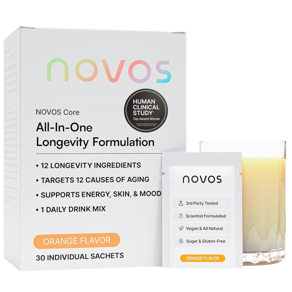 NOVOSの中心の長寿の組合せ、反老化の補足、飲み物の粉のパケットのオレンジ味-皮サポート、エネルギー、気分、睡眠および認知サポート- 30のサービング